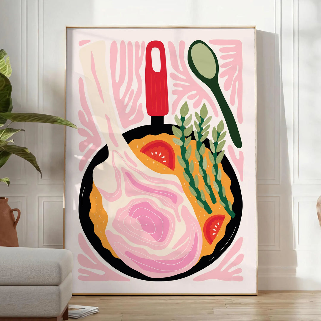 Bold black and orange kitchen-themed design with abstract shapes - in a bright minimalist room with a plant and an armchair