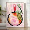 Bold black and orange kitchen-themed design with abstract shapes - in a bright minimalist room with a plant and an armchair