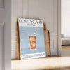 Illustration of a Long Island cocktail with orange accents on a black background - leaning on a herringbone floor against a white panelled wall
