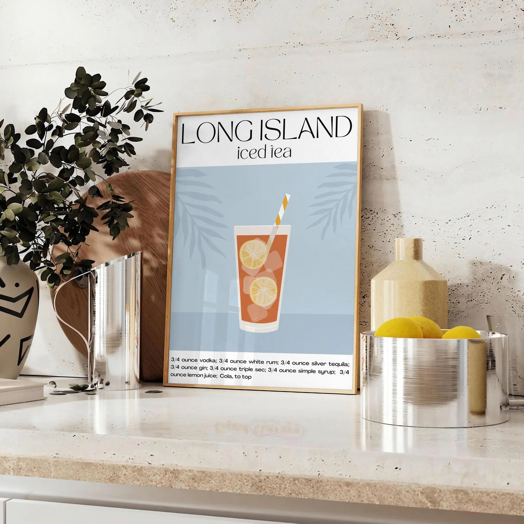 Illustration of a Long Island cocktail with orange accents on a black background - styled on a counter with eucalyptus and a bowl of lemons