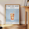 Illustration of a Long Island cocktail with orange accents on a black background - beside a round wooden side table with books