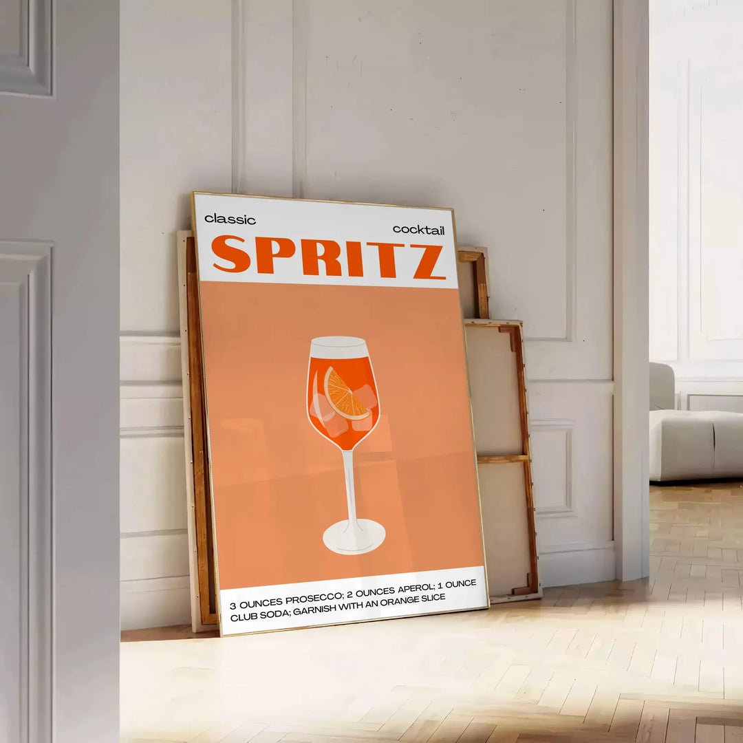 A sleek black background with a vibrant orange cocktail spritz illustration - leaning on a herringbone floor against a white panelled wall