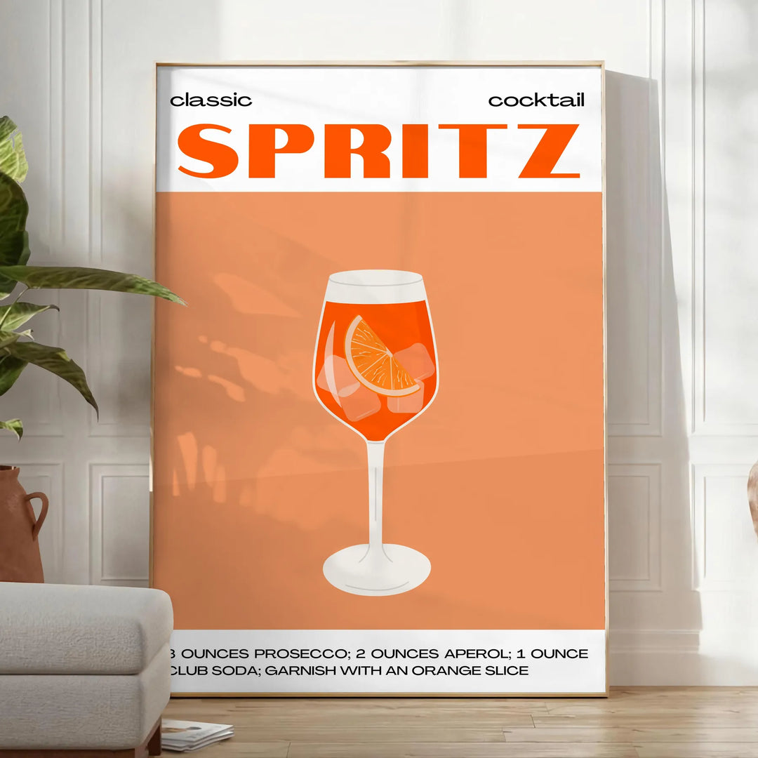 A sleek black background with a vibrant orange cocktail spritz illustration - in a bright minimalist room with a plant and an armchair