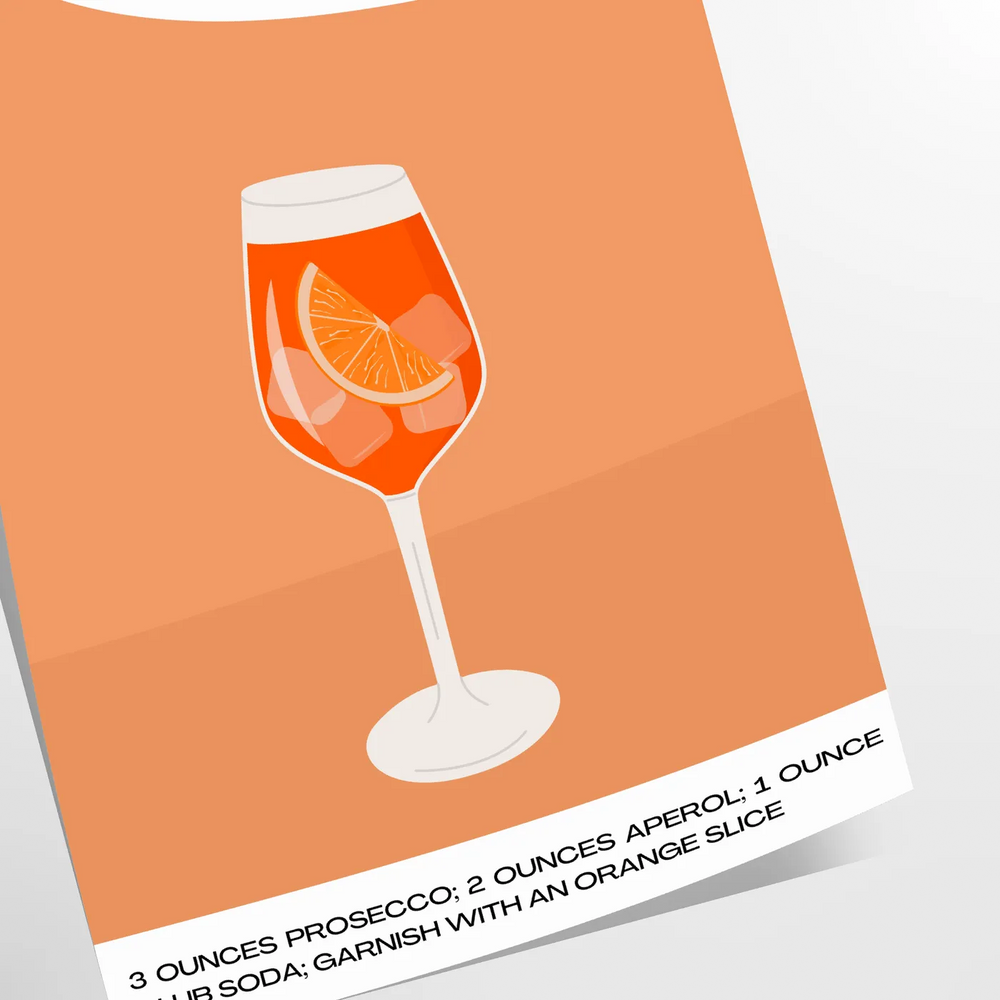 A sleek black background with a vibrant orange cocktail spritz illustration