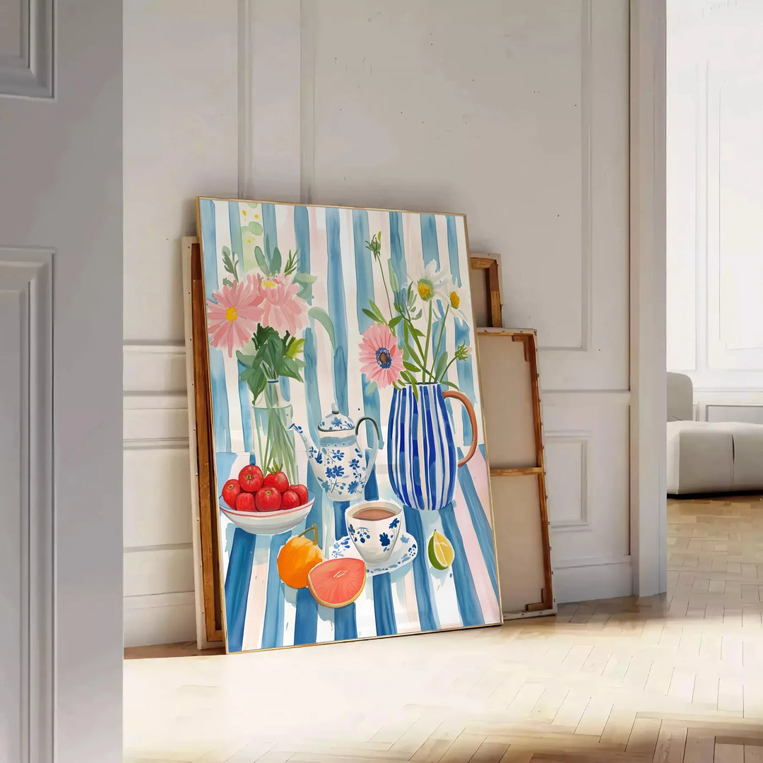 A colorful kitchen scene featuring orange and blue hues in a modern style - leaning on a herringbone floor against a white panelled wall