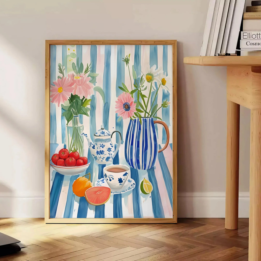 A colorful kitchen scene featuring orange and blue hues in a modern style - beside a round wooden side table with books