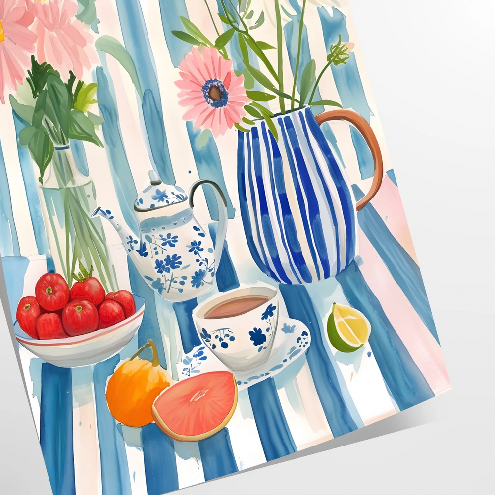 A colorful kitchen scene featuring orange and blue hues in a modern style