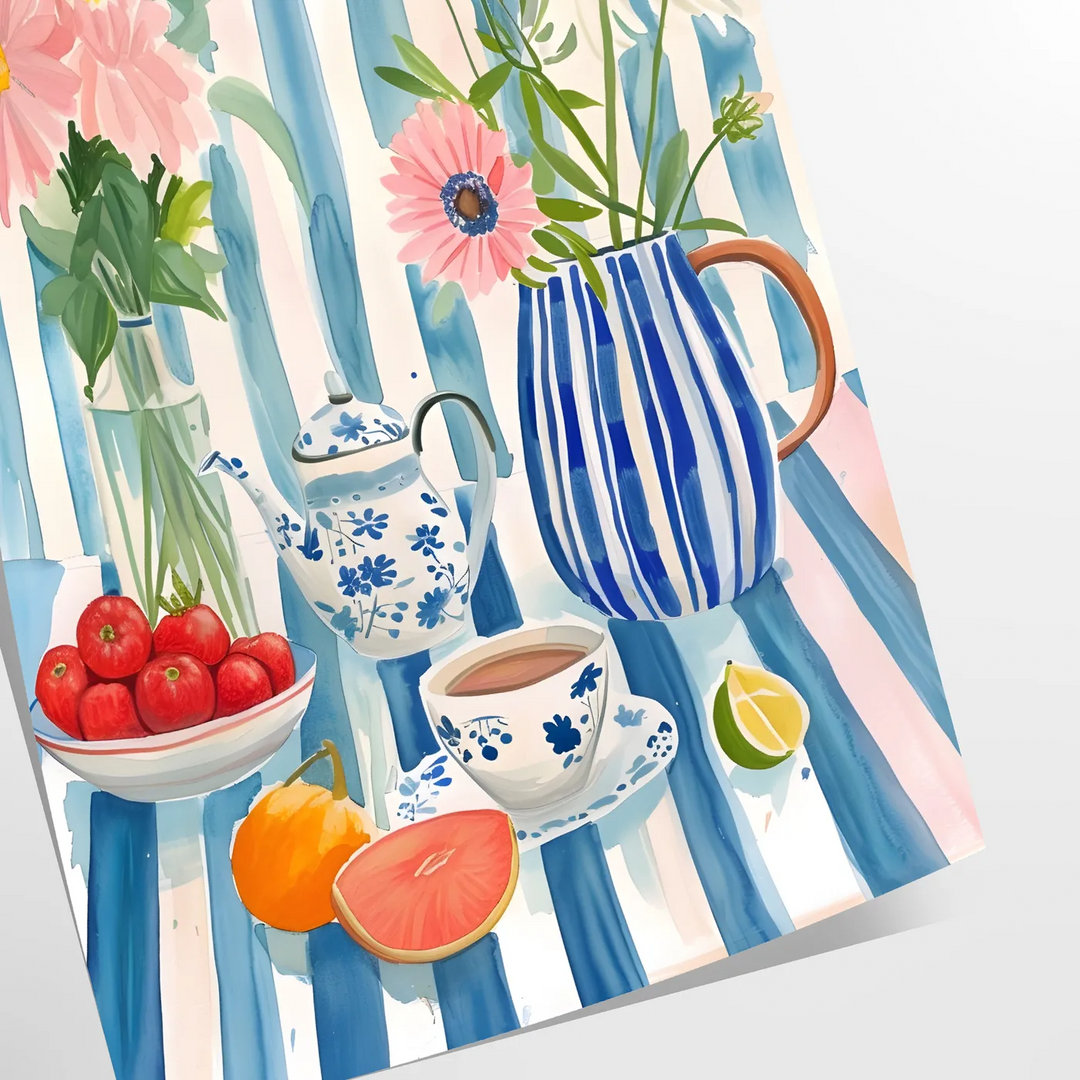 A colorful kitchen scene featuring orange and blue hues in a modern style