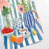 A colorful kitchen scene featuring orange and blue hues in a modern style