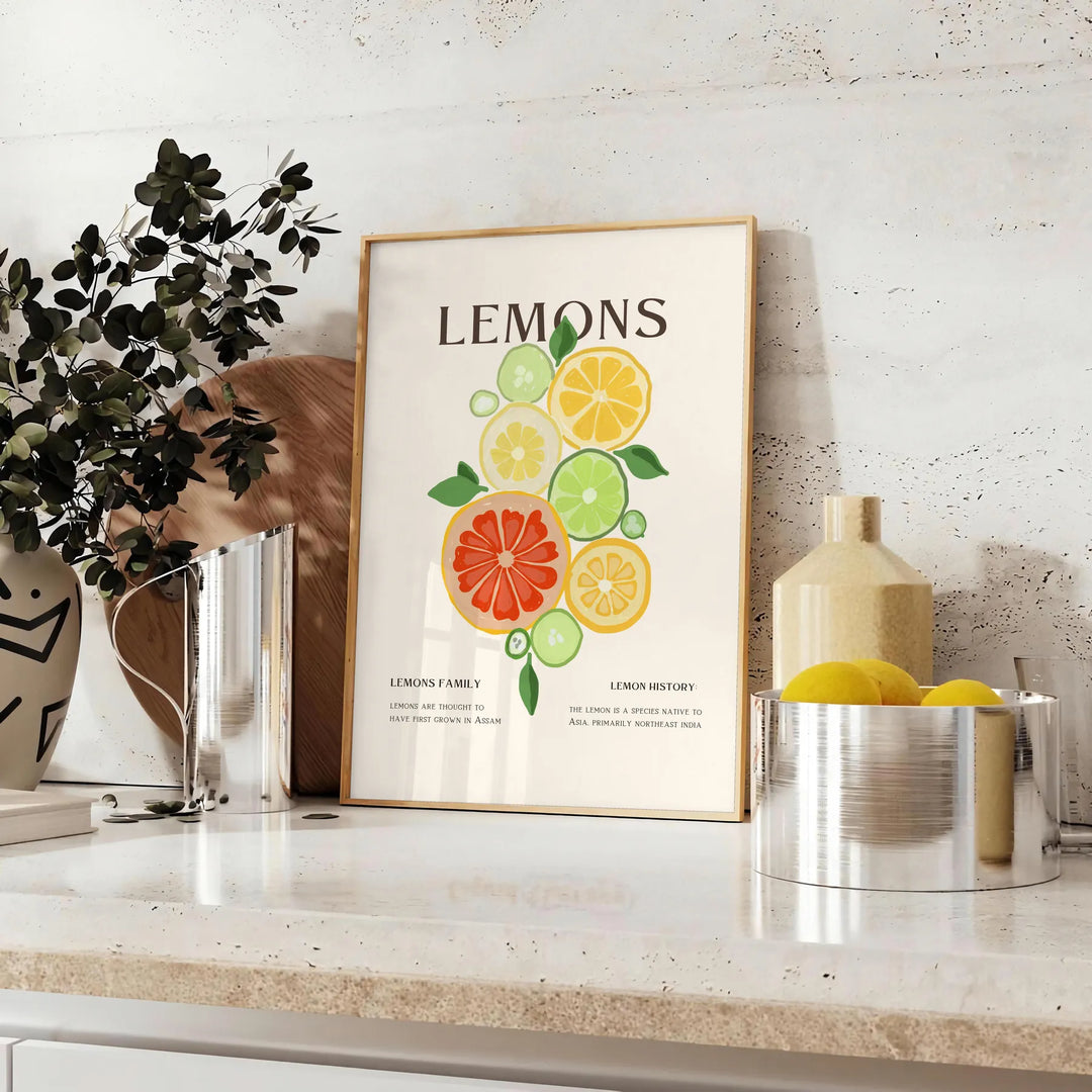 A colorful kitchen scene featuring various culinary tools and ingredients in orange and gray tones - styled on a counter with eucalyptus and a bowl of lemons