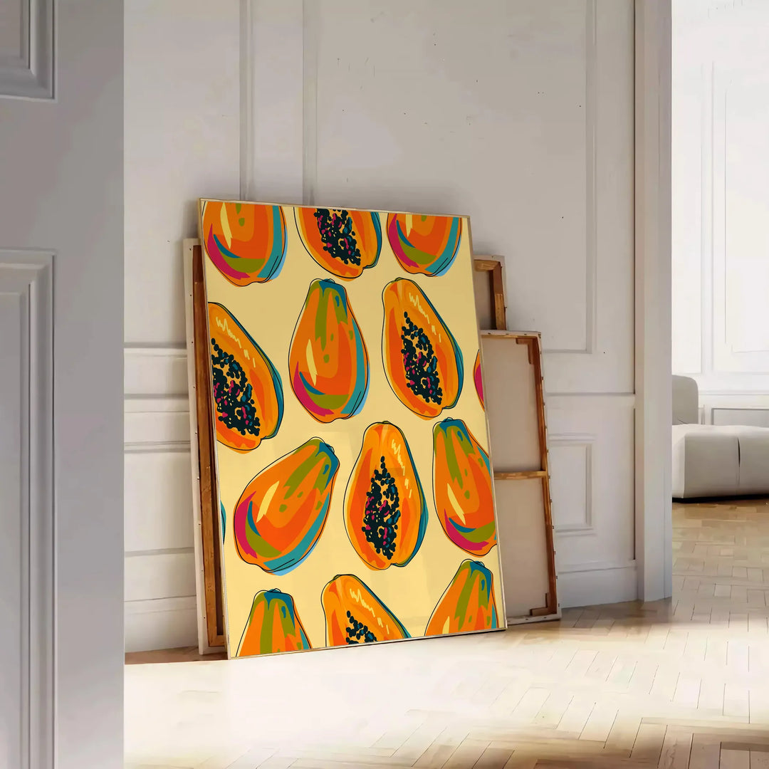 En färgglad köksbild med gröna och orange nyanser - lutad mot en panelvägg på fiskbensgolv