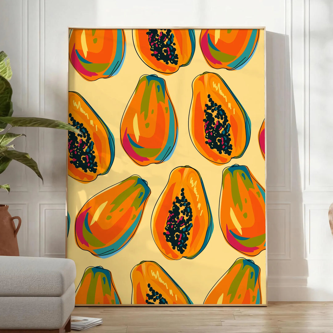 En färgglad köksbild med gröna och orange nyanser - i ett ljust minimalistiskt rum med växt och fåtölj