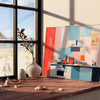 A colorful kitchen scene with orange and blue tones - leaning on a herringbone floor against a white panelled wall