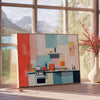 A colorful kitchen scene with orange and blue tones - beside a round wooden side table with books