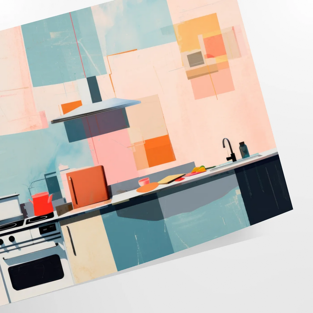 A colorful kitchen scene with orange and blue tones