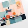 A colorful kitchen scene with orange and blue tones
