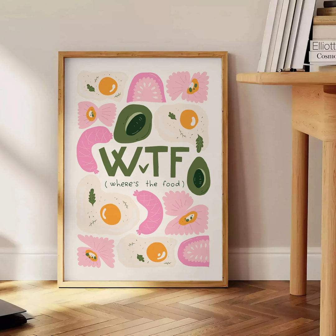 Ilustración de cocina retro con colores verdes y naranjas intensos - junto a una mesa auxiliar redonda de madera con libros