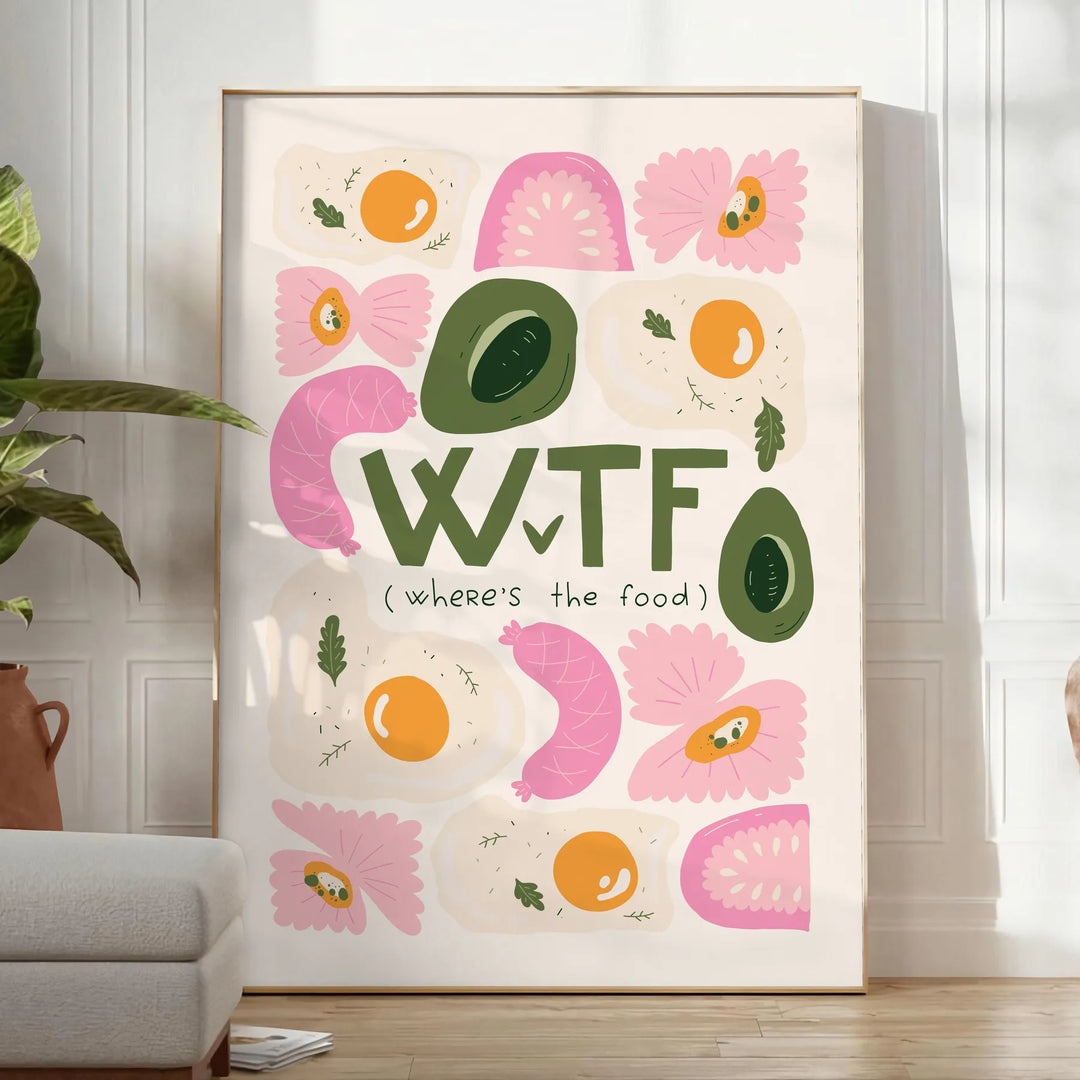 Ilustración de cocina retro con colores verdes y naranjas intensos - en una habitación luminosa y minimalista con planta y sillón