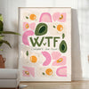 Ilustración de cocina retro con colores verdes y naranjas intensos - en una habitación luminosa y minimalista con planta y sillón