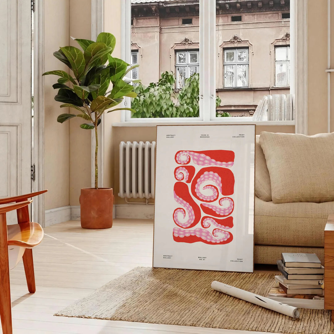 Retro 1970s kitchen scene with green and orange colors - in a Parisian living room with a sofa and a fig plant