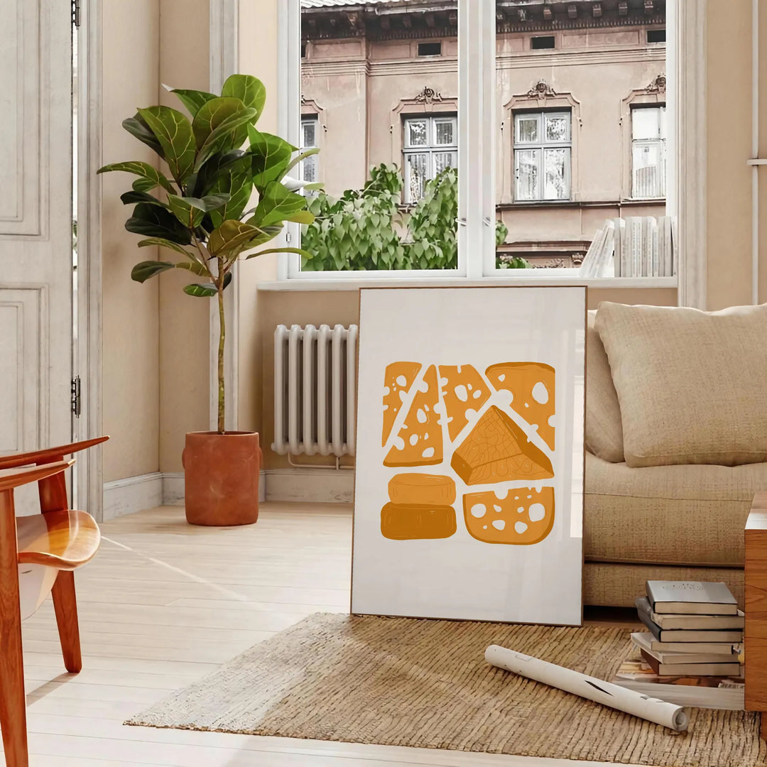 A kitchen scene featuring earthy brown and green tones with various utensils - in a Parisian living room with a sofa and a fig plant