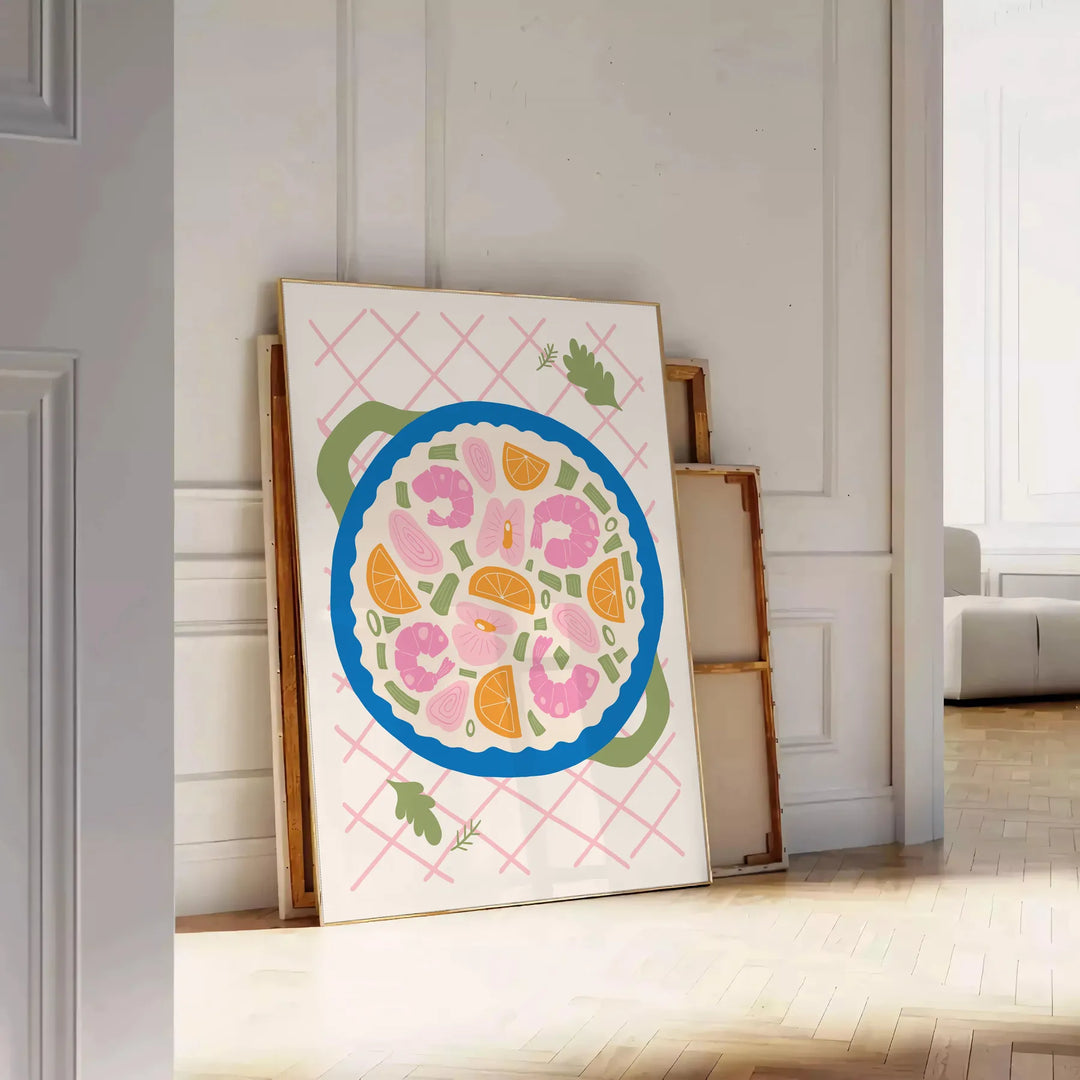 Illustration av ett kök med gröna och blå nyanser, med kulinariska inslag - lutad mot en panelvägg på fiskbensgolv