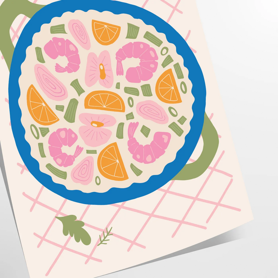 Illustration av ett kök med gröna och blå nyanser, med kulinariska inslag