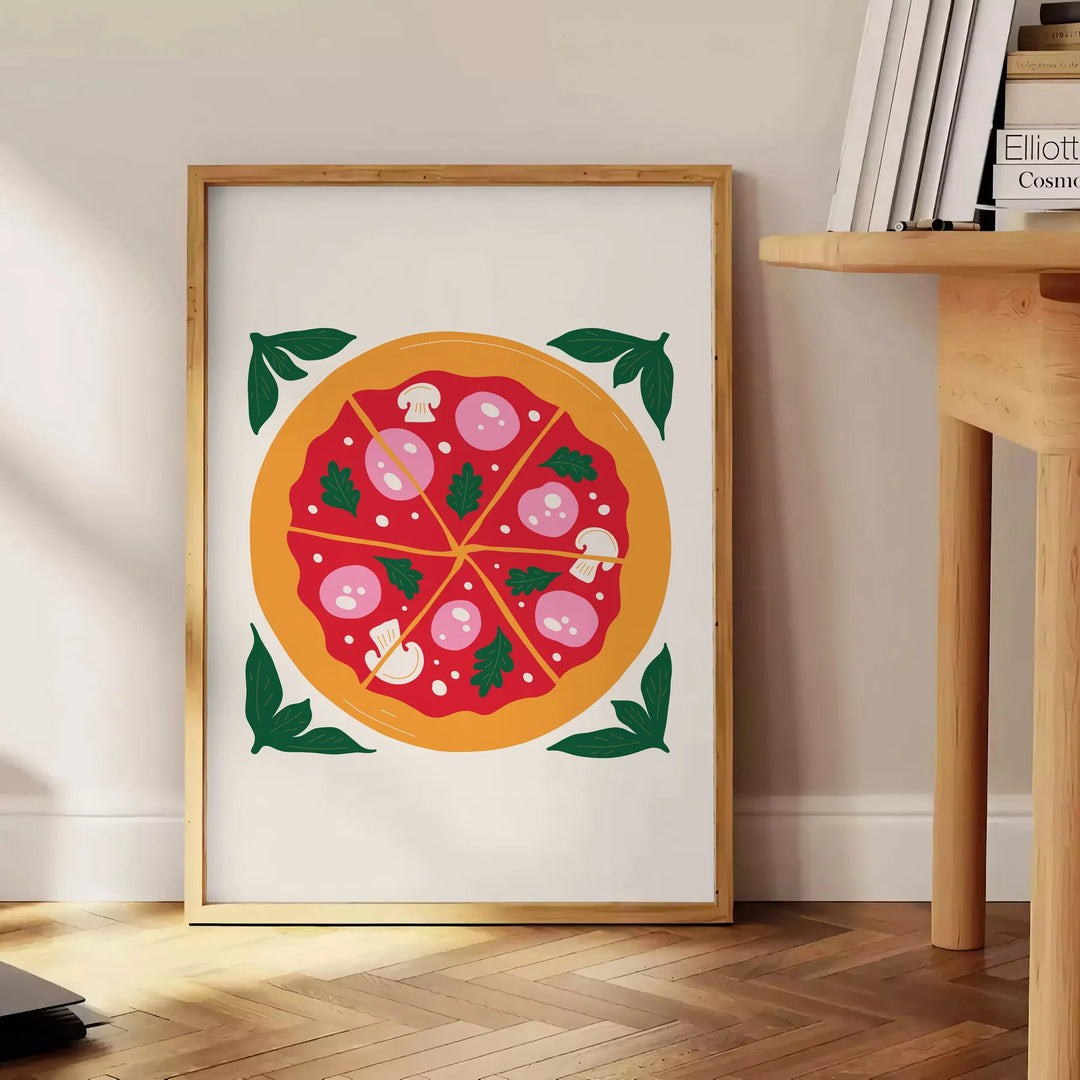 Scena di cucina astratta con tonalità verdi e arancioni in stile moderno - accanto a un tavolino rotondo in legno con libri