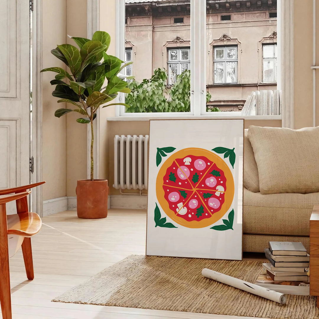 Scena di cucina astratta con tonalità verdi e arancioni in stile moderno - in un soggiorno parigino con divano e un ficus