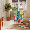 Abstract kitchen scene with orange and blue tones - in a Parisian living room with a sofa and a fig plant
