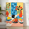 Abstract kitchen scene with orange and blue tones - in a bright minimalist room with a plant and an armchair