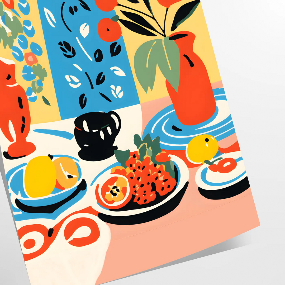 Abstract kitchen scene with orange and blue tones