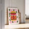 Abstract kitchen scene with green and orange colors - leaning on a herringbone floor against a white panelled wall