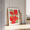 A colorful kitchen scene with green and red elements. - leaning on a herringbone floor against a white panelled wall