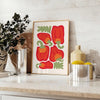 A colorful kitchen scene with green and red elements. - styled on a counter with eucalyptus and a bowl of lemons