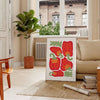 A colorful kitchen scene with green and red elements. - in a Parisian living room with a sofa and a fig plant