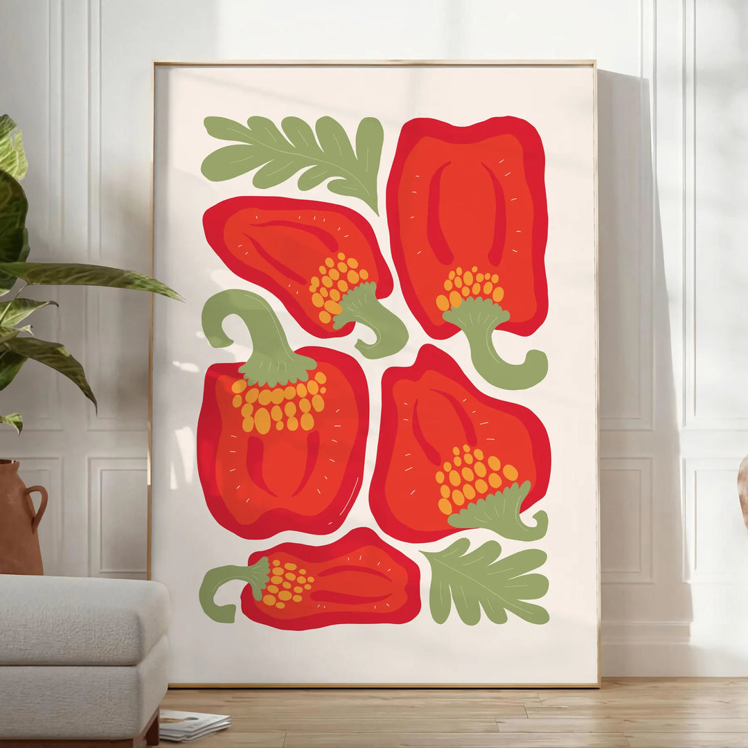 A colorful kitchen scene with green and red elements. - in a bright minimalist room with a plant and an armchair