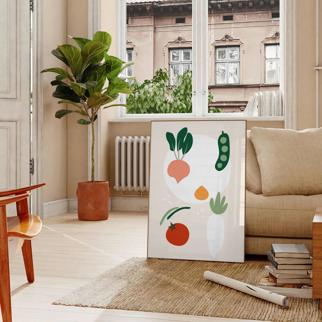 A kitchen scene featuring a blend of gray and green hues - in a Parisian living room with a sofa and a fig plant