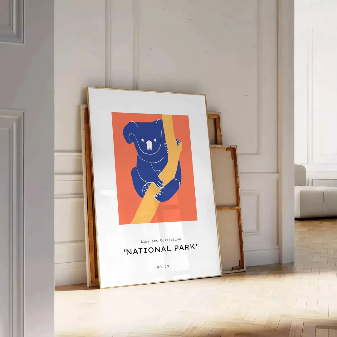 affiche koala vibrante nuances orange bleu intérieur cadeau une touche exotisme chaleur espace disponible A4 cm A0 - posée sur un parquet à chevrons contre un mur à moulures