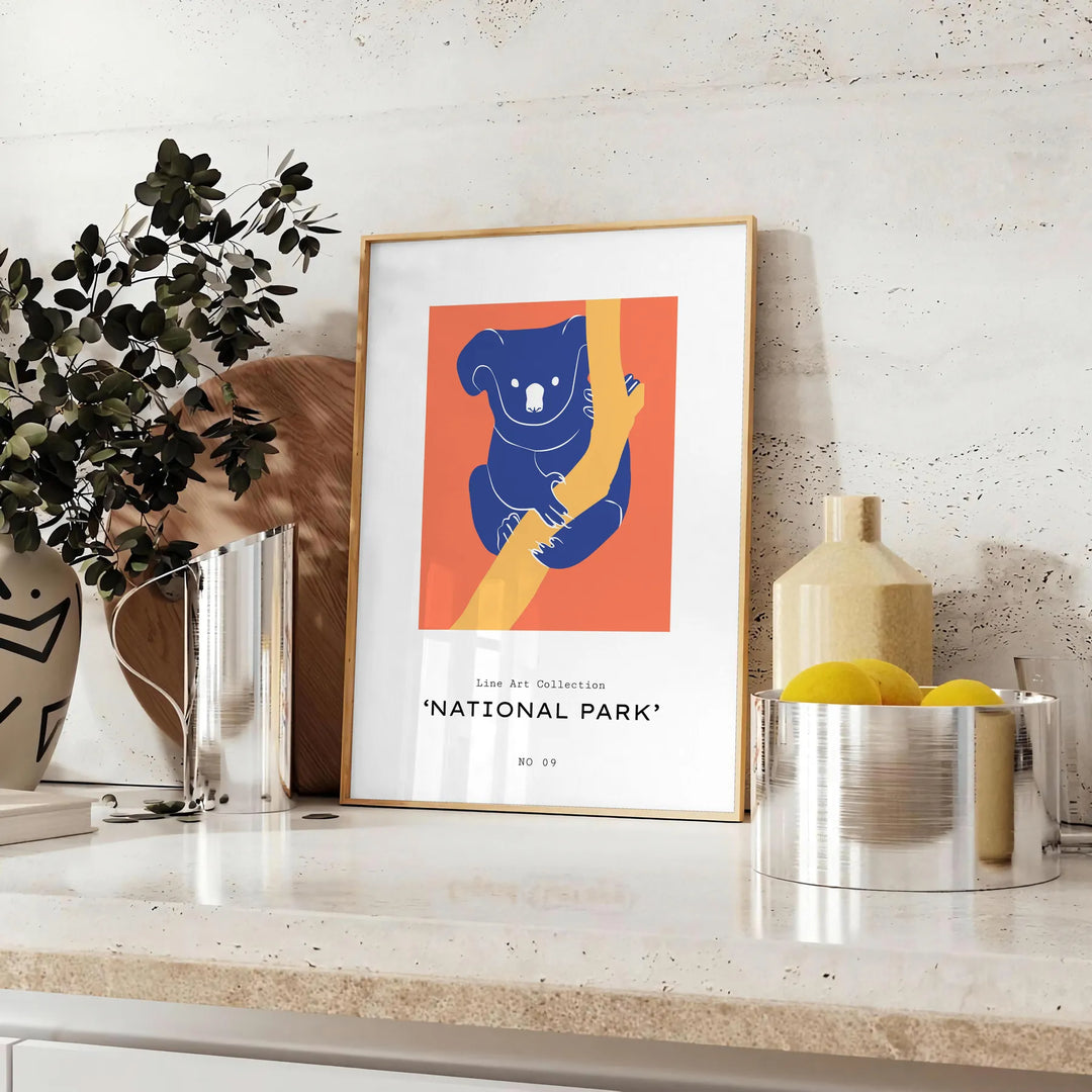 affiche koala vibrante nuances orange bleu intérieur cadeau une touche exotisme chaleur espace disponible A4 cm A0 - sur un plan de travail avec eucalyptus et coupe de citrons