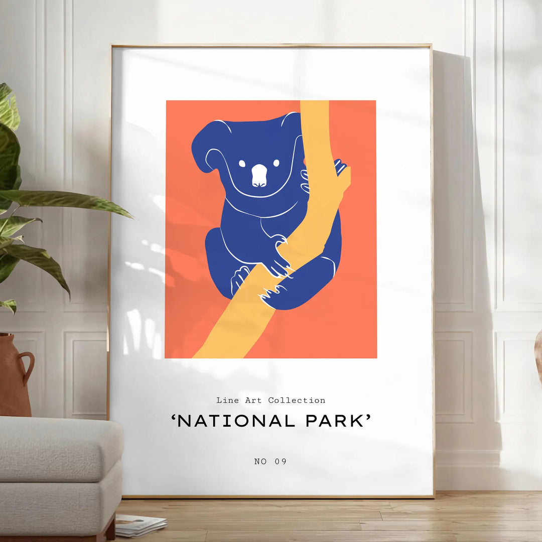 affiche koala vibrante nuances orange bleu intérieur cadeau une touche exotisme chaleur espace disponible A4 cm A0 - dans une pièce lumineuse épurée avec plante et fauteuil