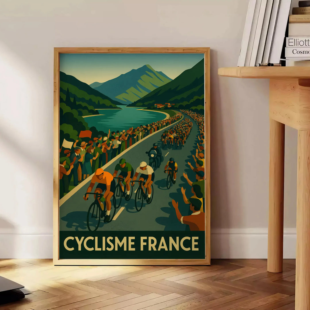 Tour de France cycling poster with minimalist gray and green illustration - beside a round wooden side table with books