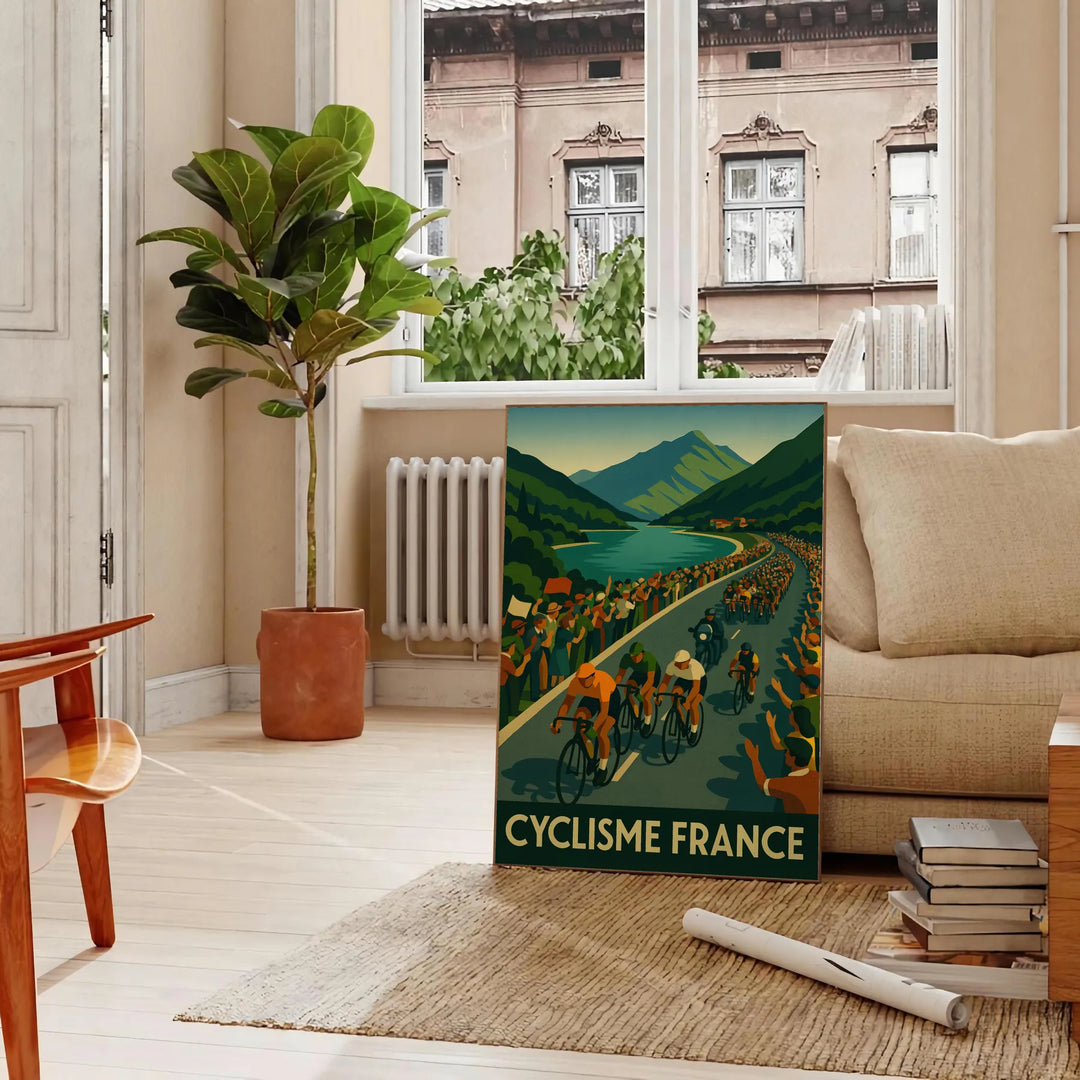 Tour de France cycling poster with minimalist gray and green illustration - in a Parisian living room with a sofa and a fig plant