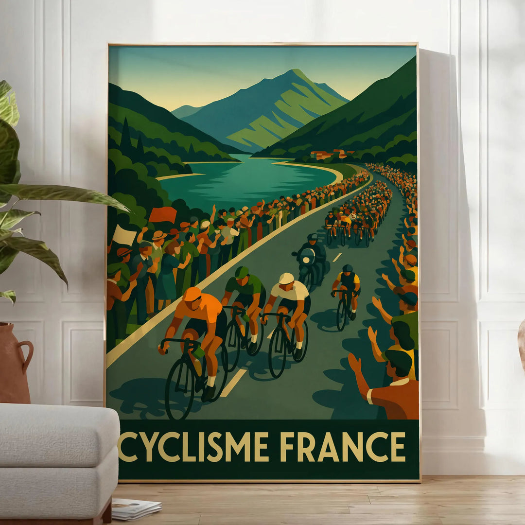 Tour de France cycling poster with minimalist gray and green illustration - in a bright minimalist room with a plant and an armchair