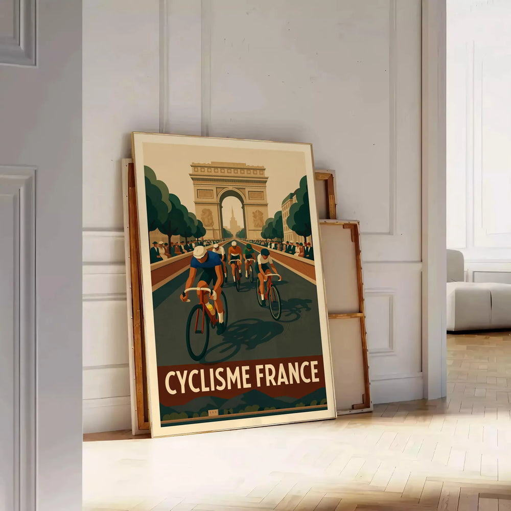 Stylized cyclist racing through green and brown landscapes for Tour de France