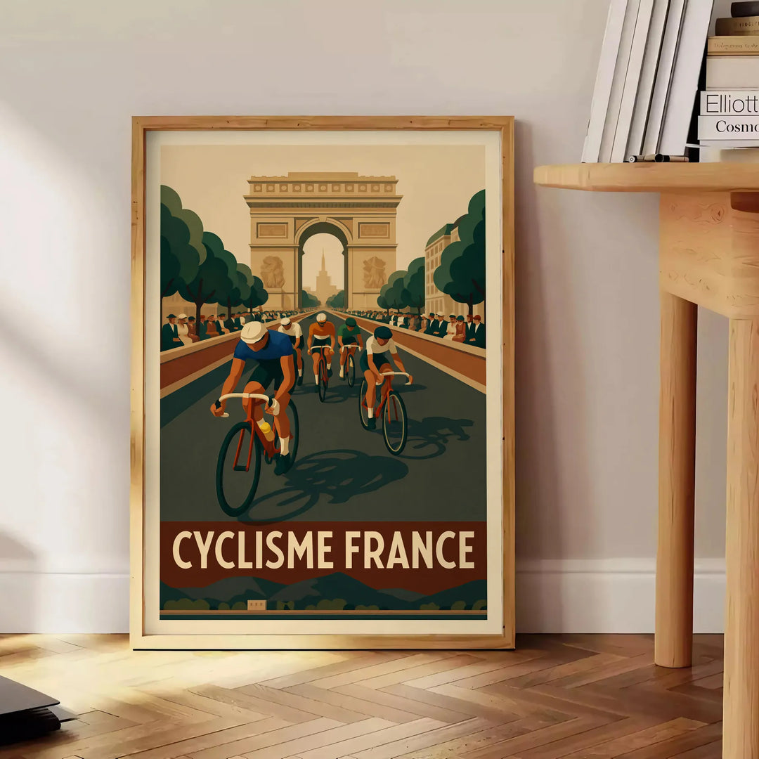 Stylized cyclist racing through green and brown landscapes for Tour de France - beside a round wooden side table with books