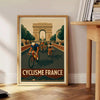 Stylized cyclist racing through green and brown landscapes for Tour de France - beside a round wooden side table with books