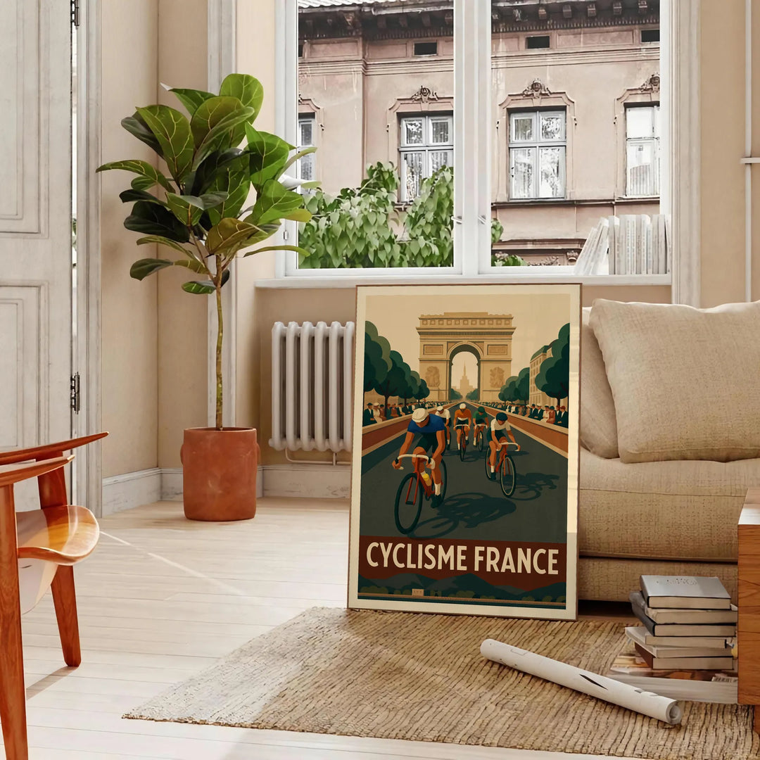 Stylized cyclist racing through green and brown landscapes for Tour de France - in a Parisian living room with a sofa and a fig plant