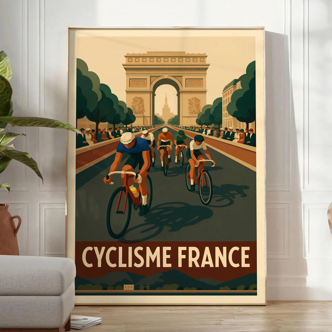 Stylized cyclist racing through green and brown landscapes for Tour de France - in a bright minimalist room with a plant and an armchair