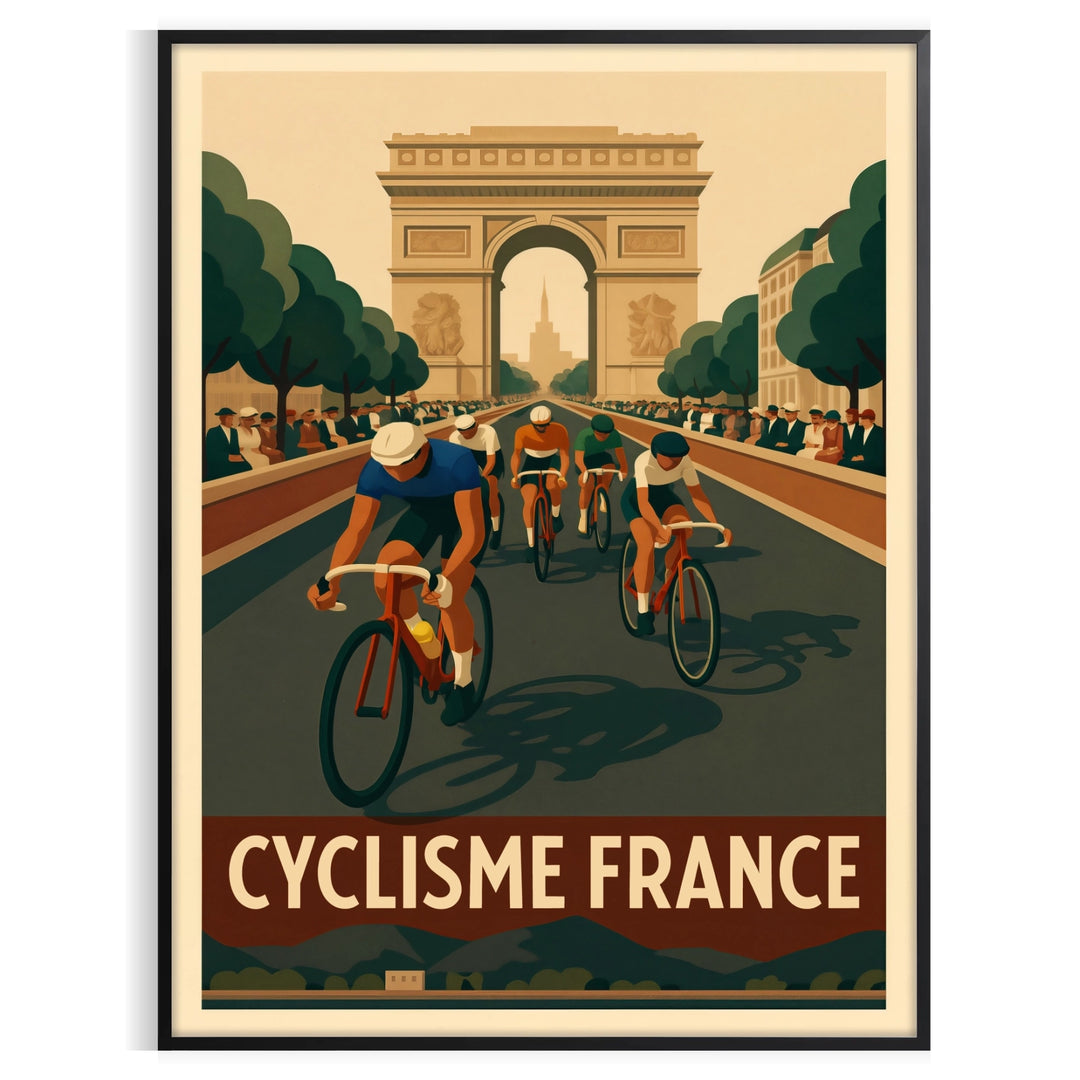 Stylized cyclist racing through green and brown landscapes for Tour de France